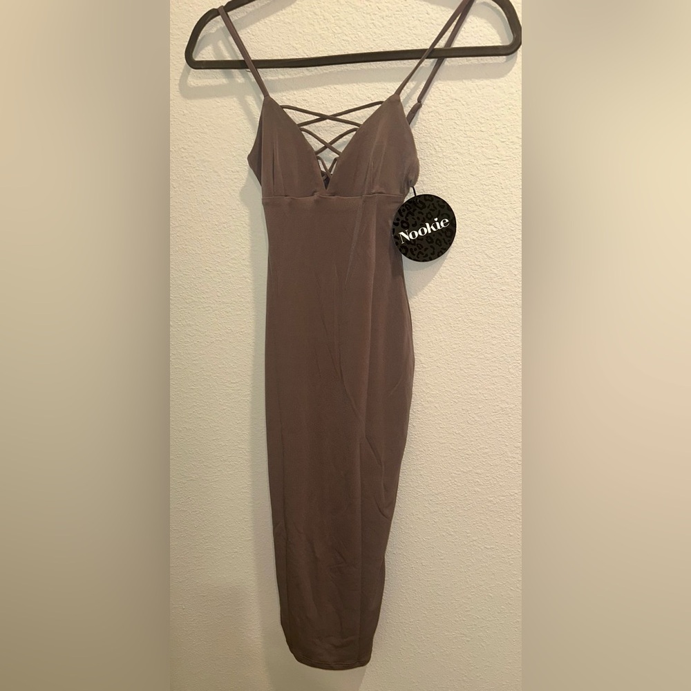 Nookie Women's MI AMORE CRISS CROSS SHIFT MOCHA Brown Dress NWT